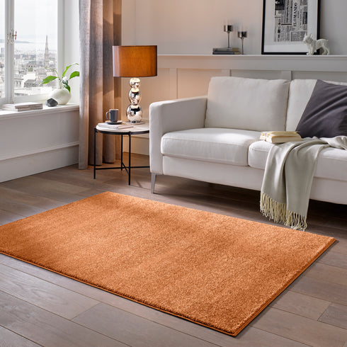 Kurzflor Teppich Designer | Flauschiger Flachflor fürs Wohnzimmer, Esszimmer, Schlafzimmer oder Kinderzimmer | Terra Kupfer